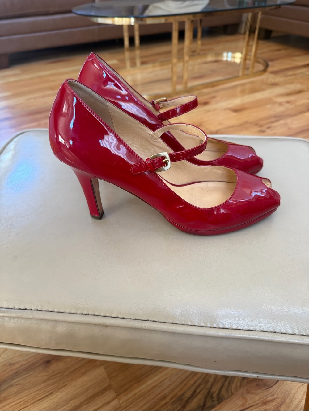 Cole Haan Red Patent Mary Jane Peep-Toe Heels